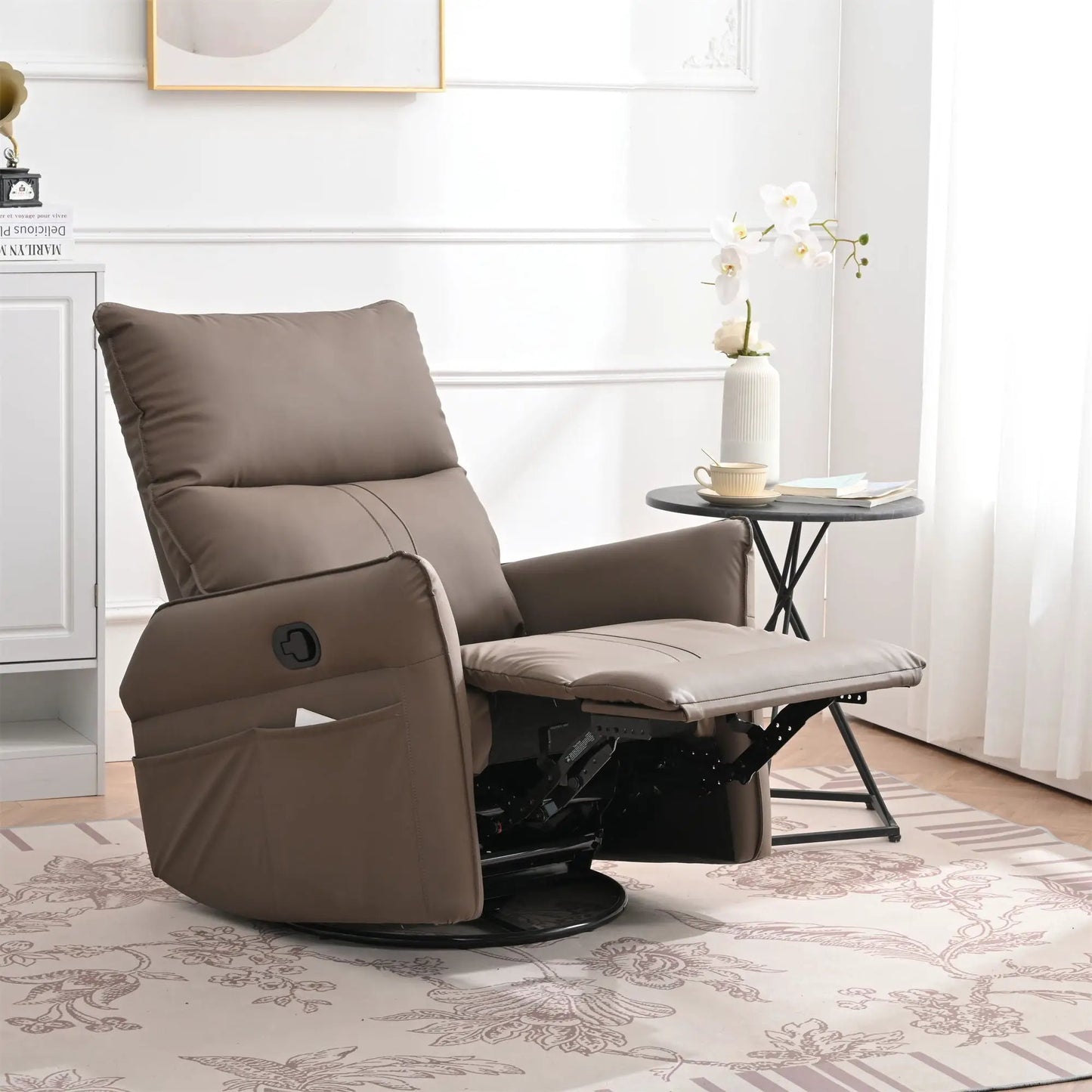 360° Modern small rocking swivel recliner chair in taupe faux leather with side pocket on Tampa Home & Garden Store