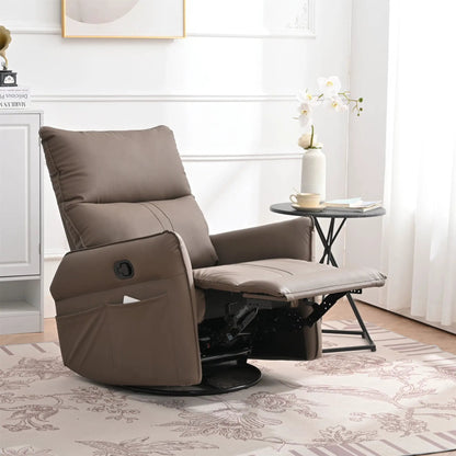 360° Modern small rocking swivel recliner chair in taupe faux leather with side pocket on Tampa Home & Garden Store