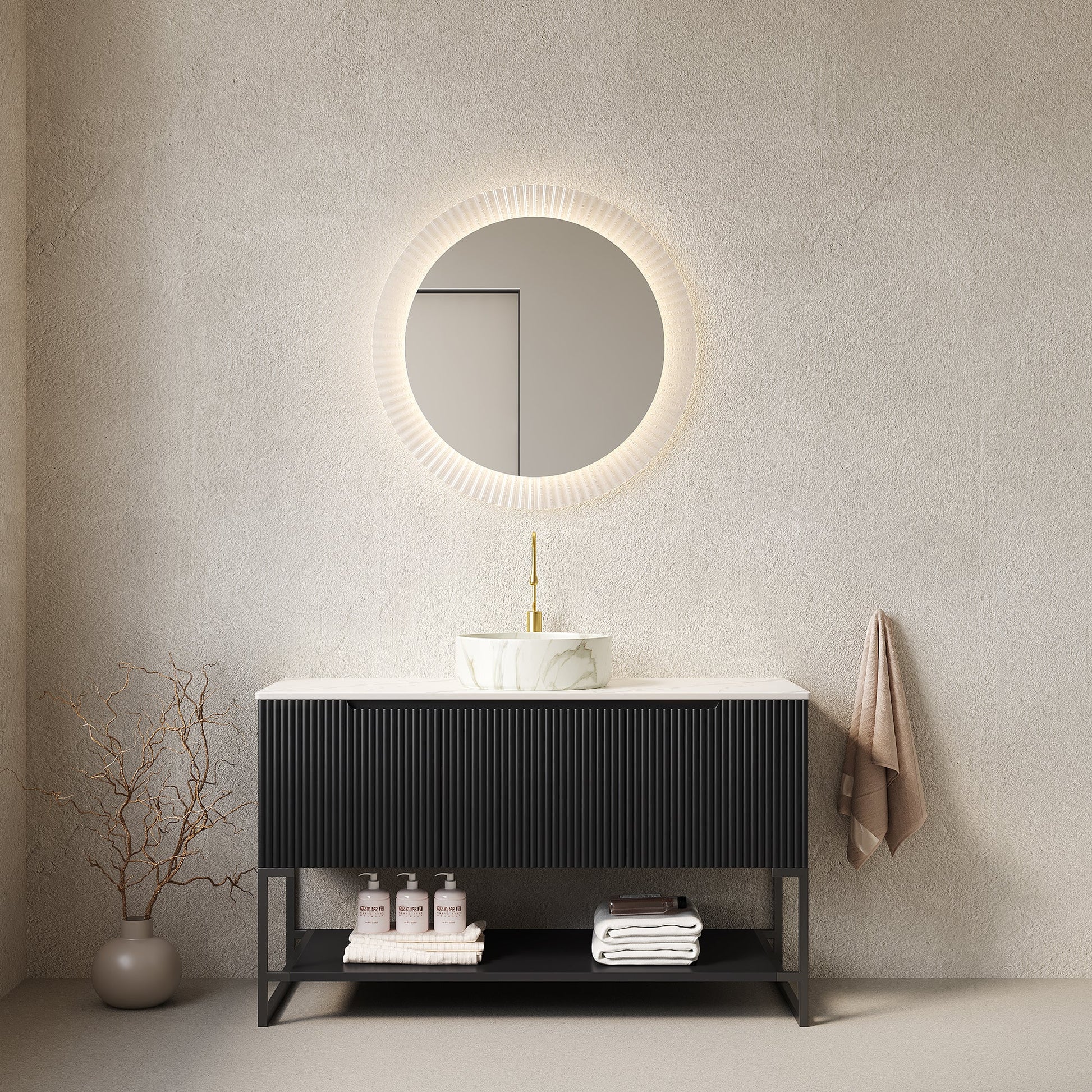 Tulio 48in bathroom vanity with sink, black ribbed cabinet, white marble top, round lit mirror on Tampa Home & Garden Store