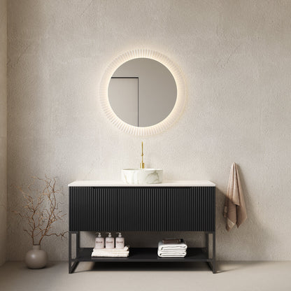 Tulio 48in bathroom vanity with sink, black ribbed cabinet, white marble top, round lit mirror on Tampa Home & Garden Store