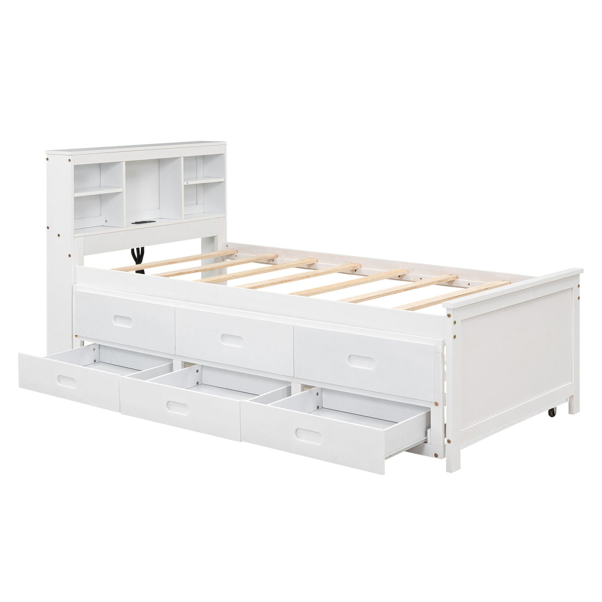 White platform bed with storage headboard by HouseOfZazla, cubby shelves and three drawers on Tampa Home & Garden Store