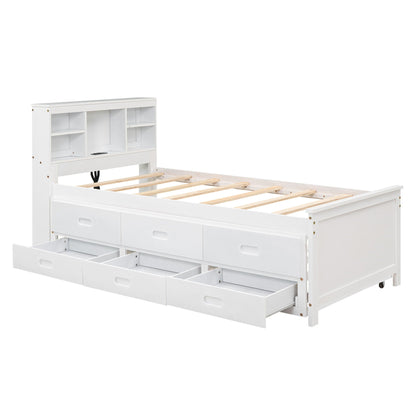 White platform bed with storage headboard by HouseOfZazla, cubby shelves and three drawers on Tampa Home & Garden Store