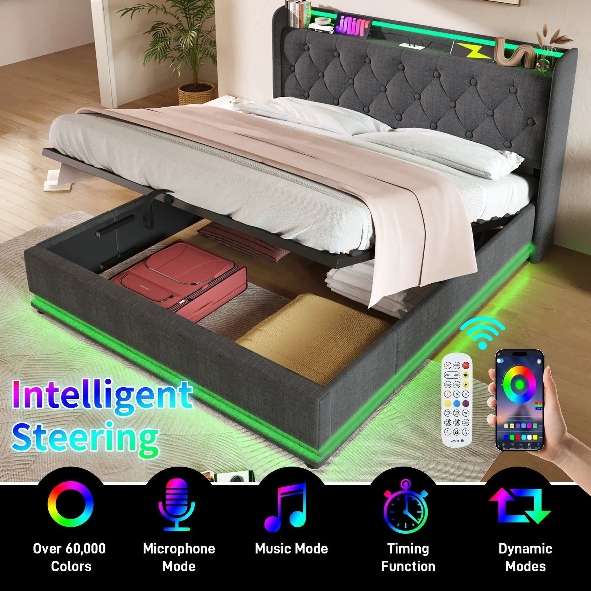 Upholstered bed with tufted gray headboard, hydraulic storage, 360 LED, USB-C, remote on Tampa Home & Garden Store