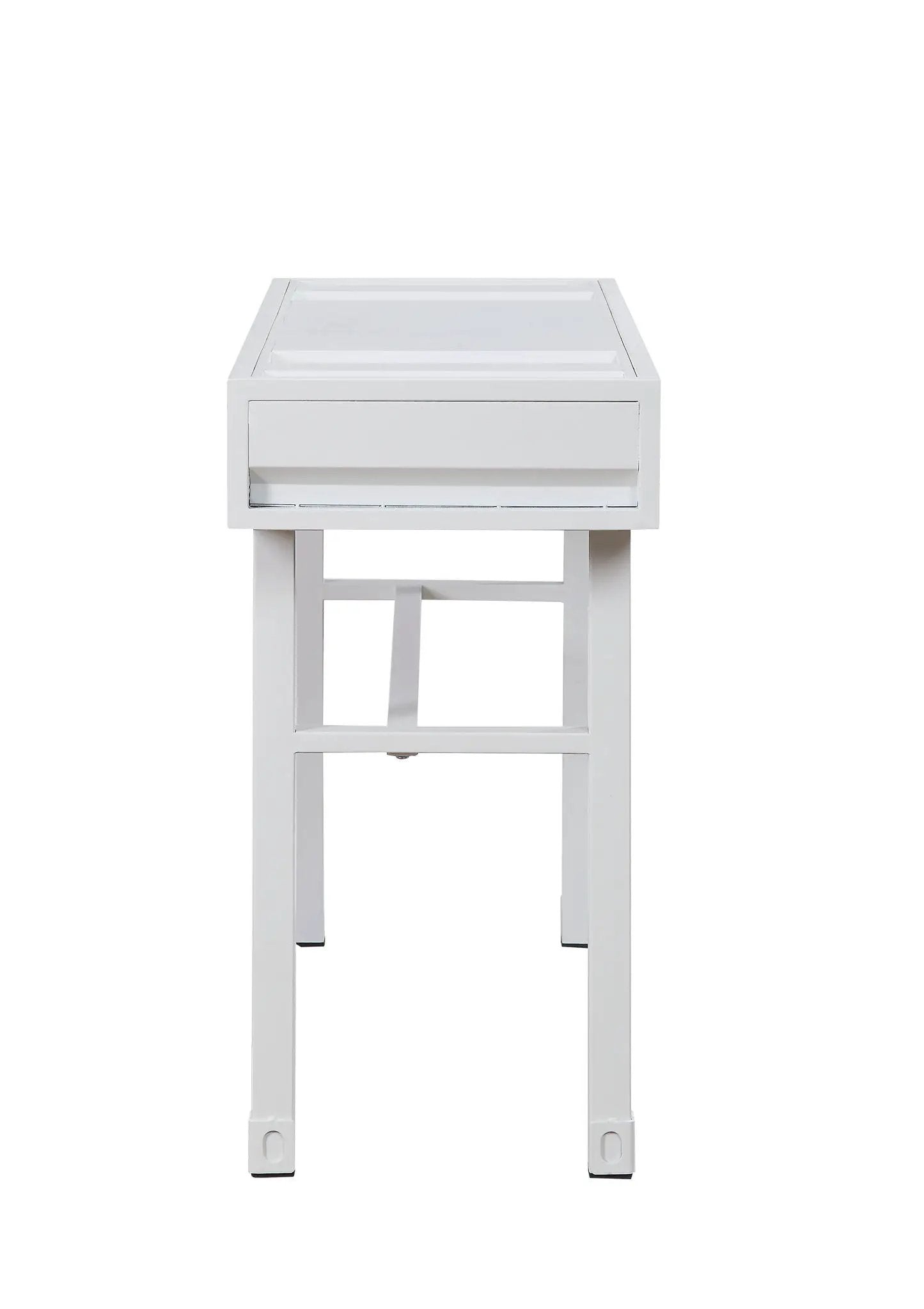 Cargo Vanity Desk with glass top in white; built-in storage drawer and clean square legs on Tampa Home & Garden Store