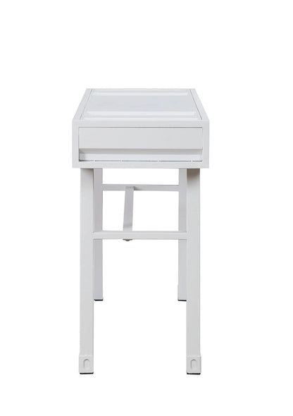 Cargo Vanity Desk with glass top in white; built-in storage drawer and clean square legs on Tampa Home & Garden Store