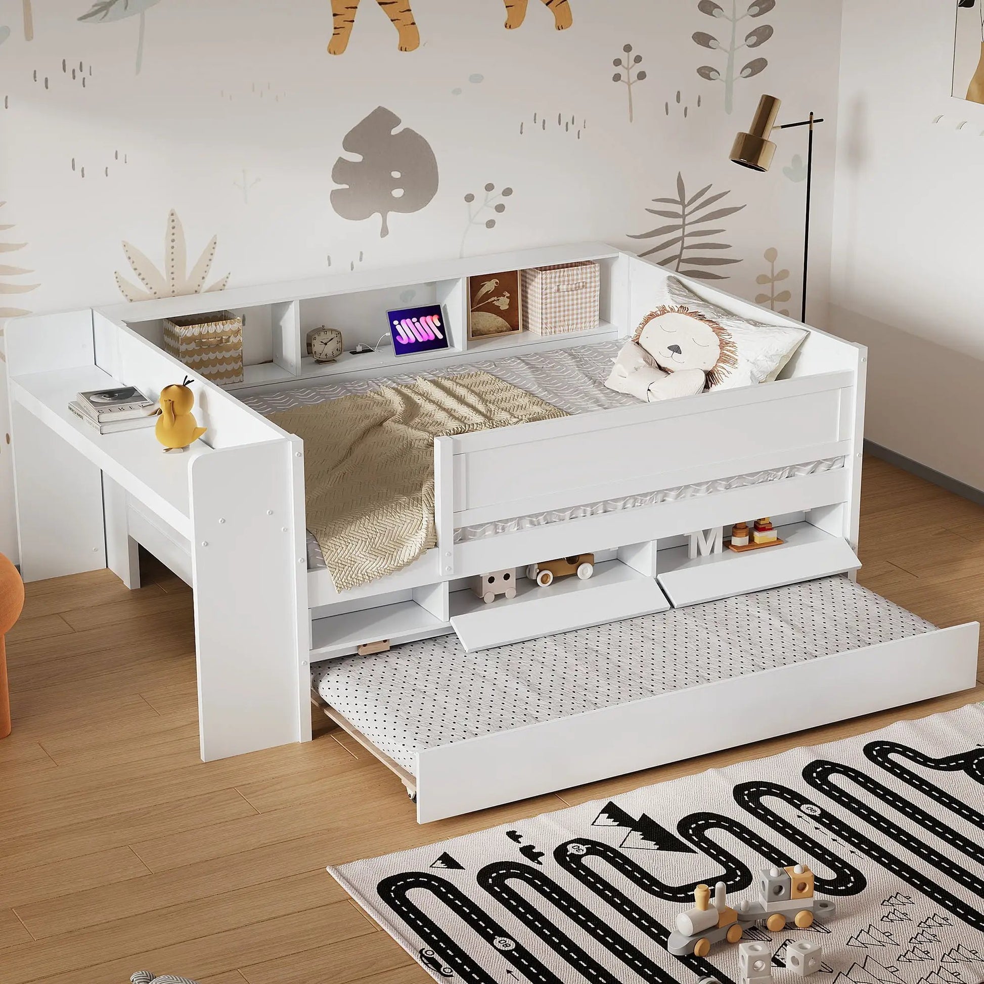 White twin daybed with drawers, trundle, headboard storage and study desk USB charging on Tampa Home & Garden Store