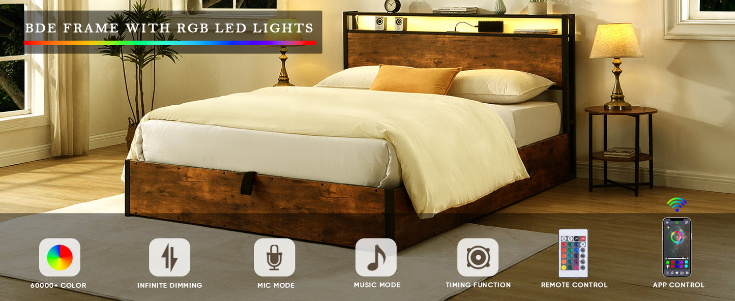 Elevating storage bed frame, full-size bed frame with bookshelf headboard and LED lights, with country brown color - Tampa Home & Garden Store