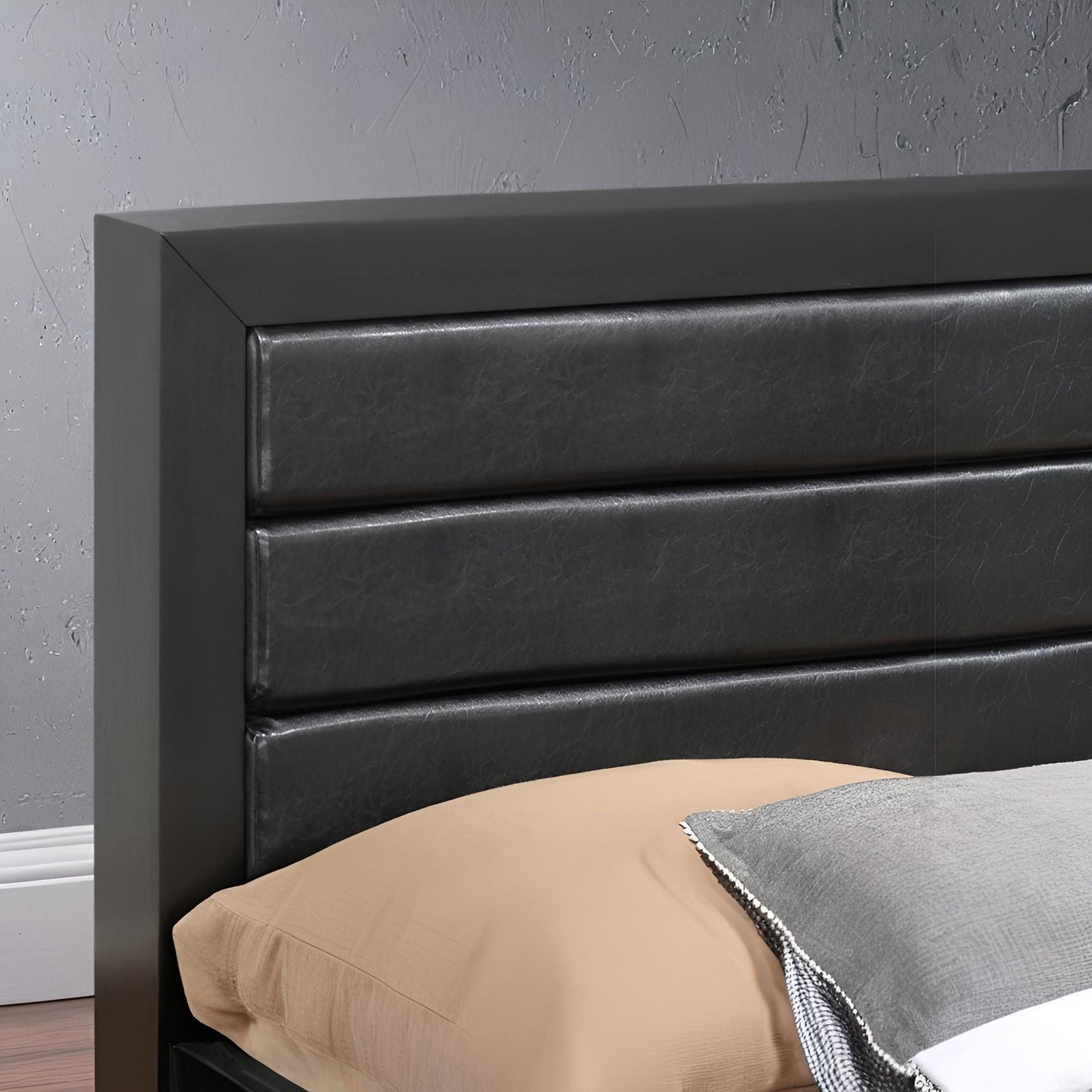 Elegant storage bed with dark gray padded panels and built-in drawers on Tampa Home & Garden Store