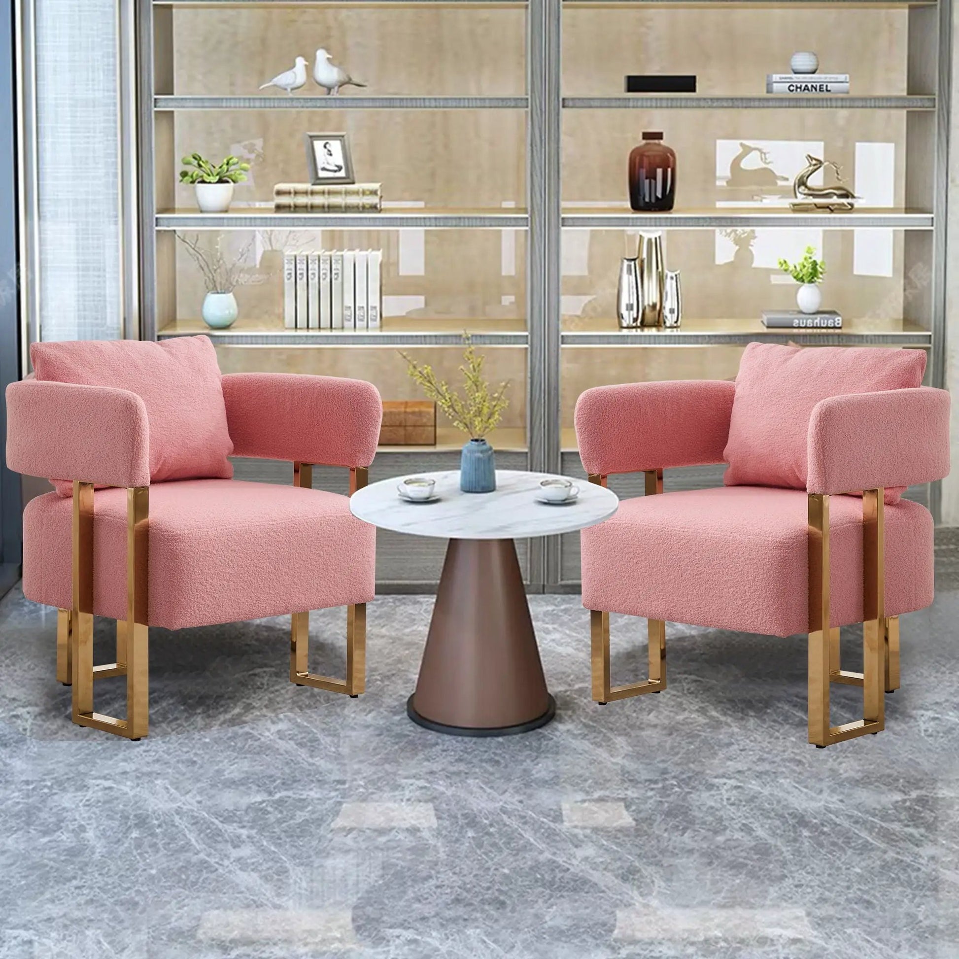 Modern teddy fleece upholstered chair set with gold metal legs, four pink chairs on Tampa Home & Garden Store
