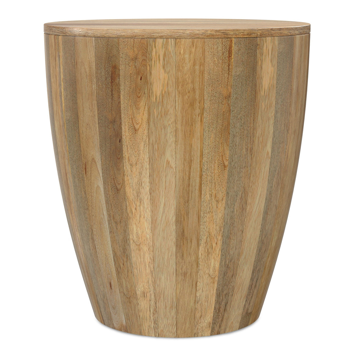 Solid mango wood drum silhouette side table with patchwork plank panels in natural tones on Tampa Home & Garden Store