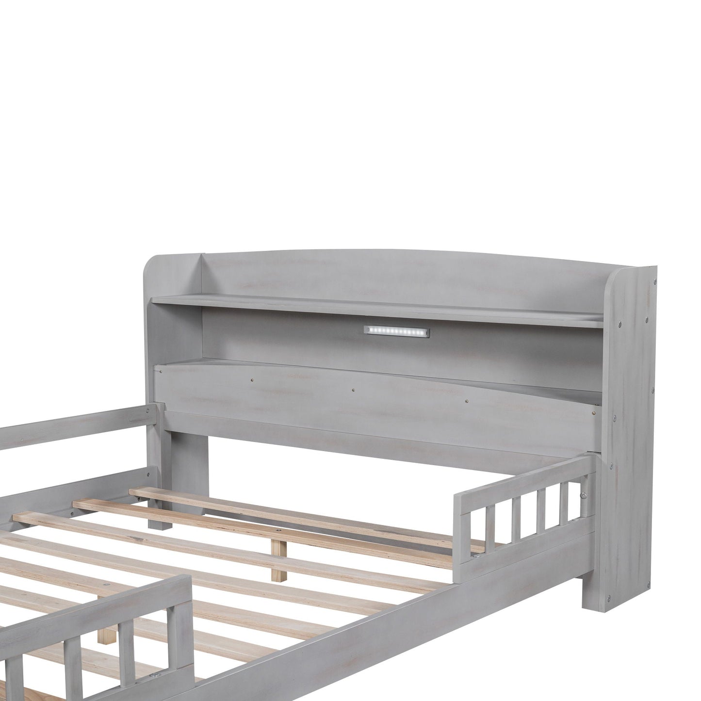 Gray wood platform bed with built-in LED light strip, storage headboard and guardrail on Tampa Home & Garden Store