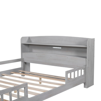 Gray wood platform bed with built-in LED light strip, storage headboard and guardrail on Tampa Home & Garden Store