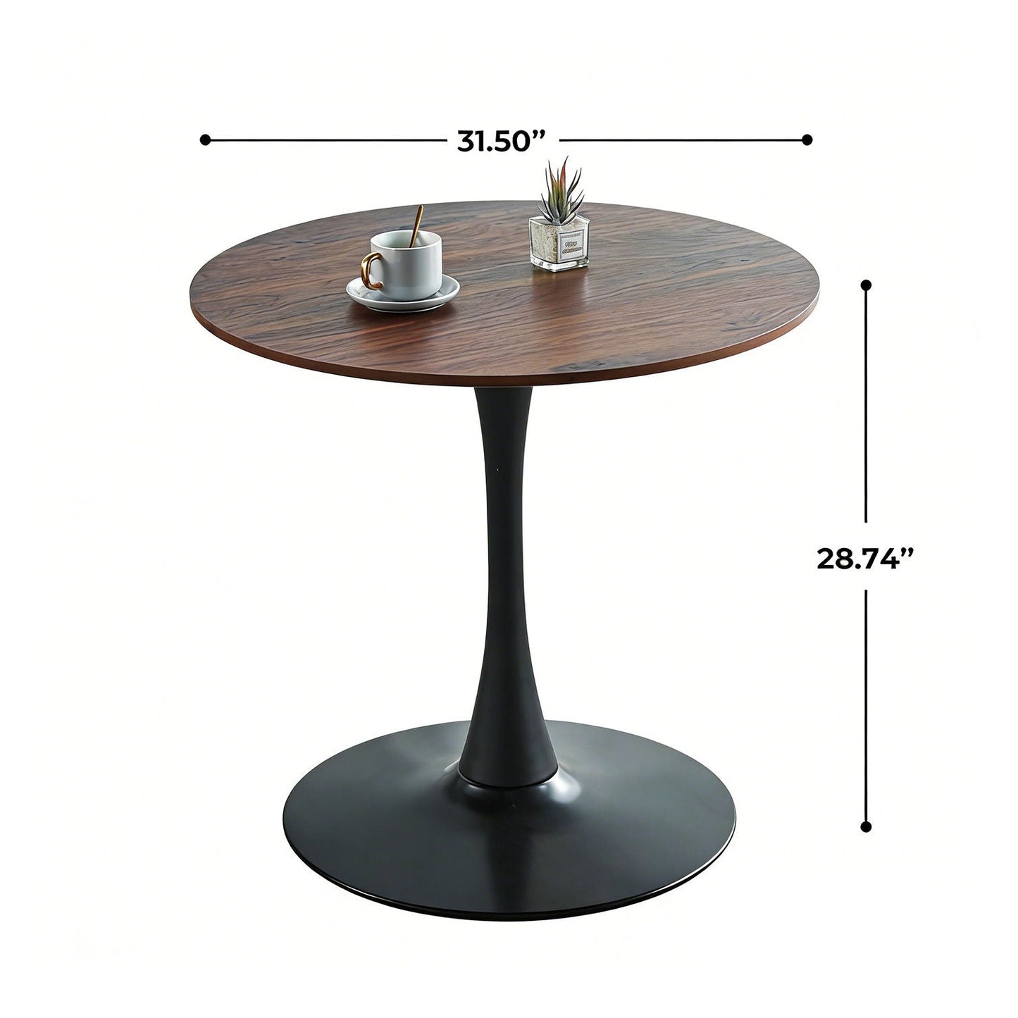 Mid-Century Tulip Table with round wood top on black pedestal base plus cup and plant on Tampa Home & Garden Store