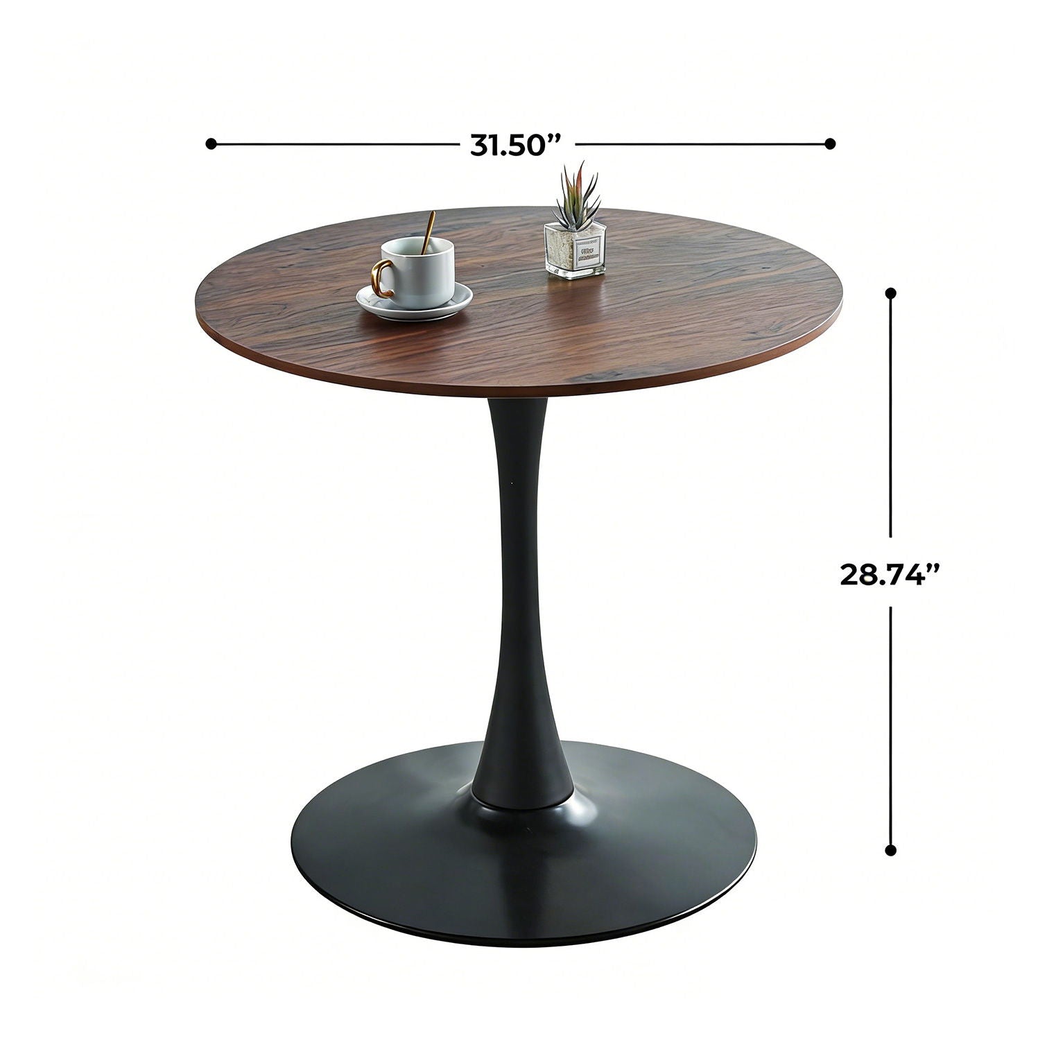 Mid-Century Tulip Table with round wood top on black pedestal base plus cup and plant on Tampa Home & Garden Store
