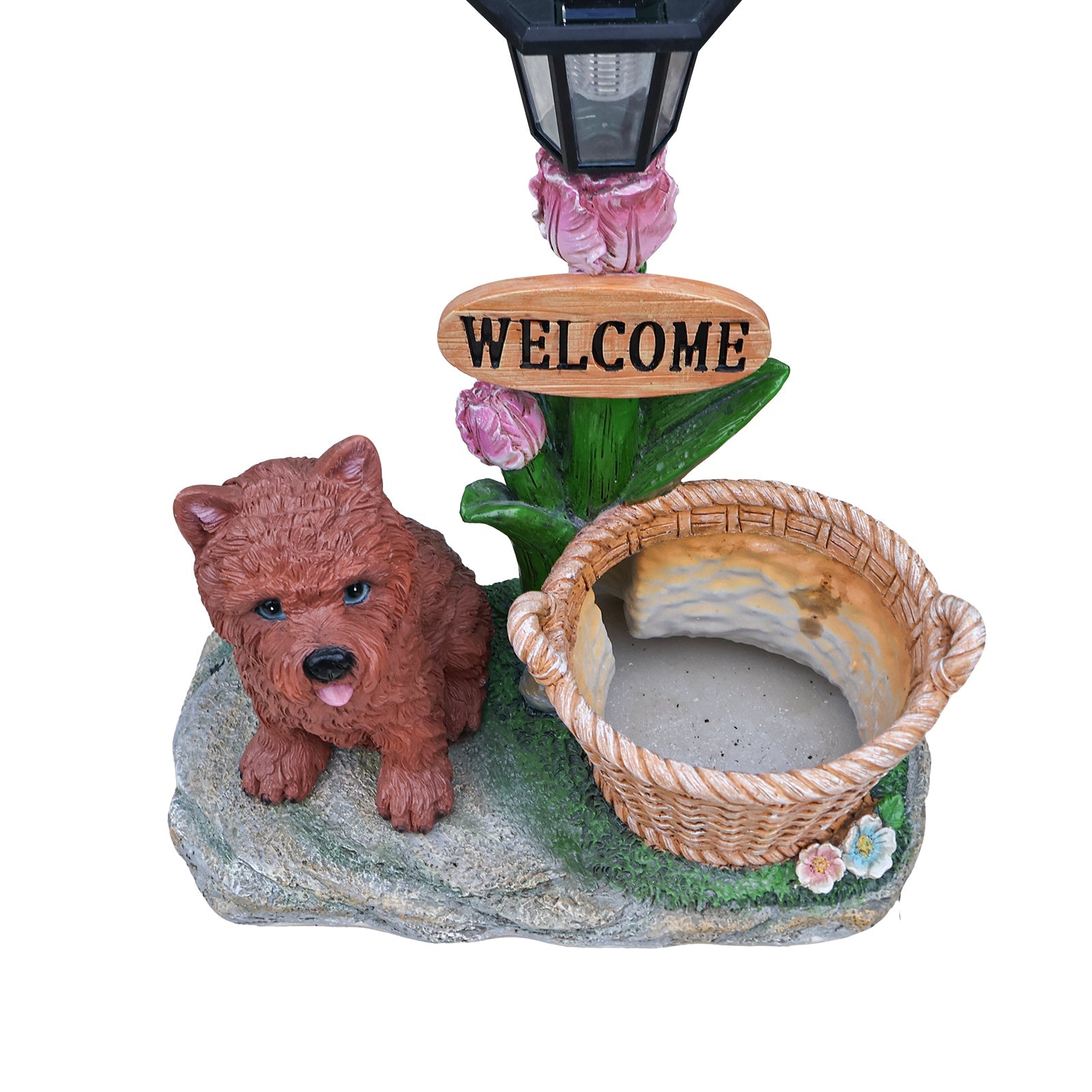 Sitting Puppy Solar Planter Outdoor Statue with brown puppy, pink flowers, wicker basket on Tampa Home & Garden Store