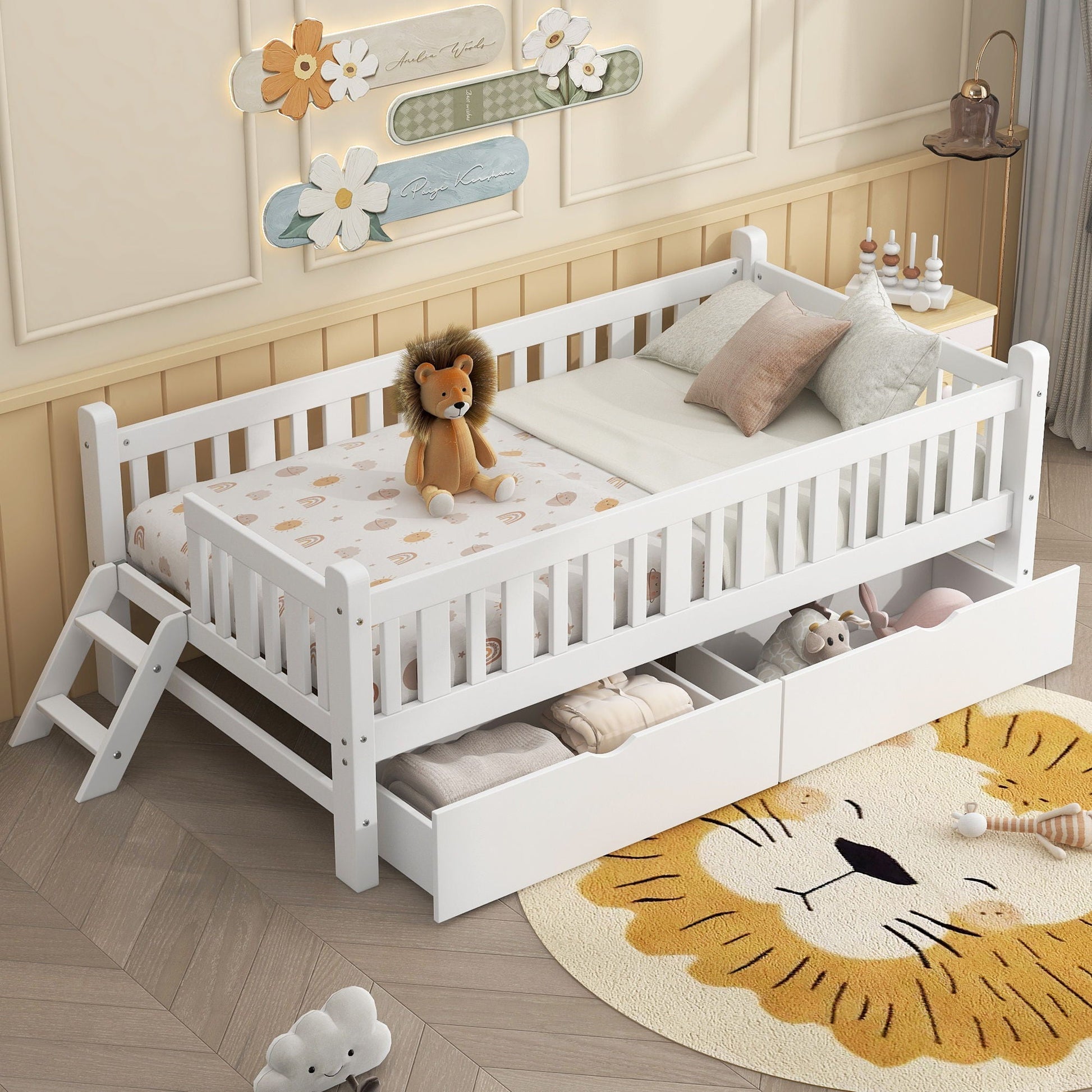 Platform bed with guardrail and 2 drawers in white wood for kids by HouseOfZazla on Tampa Home & Garden Store