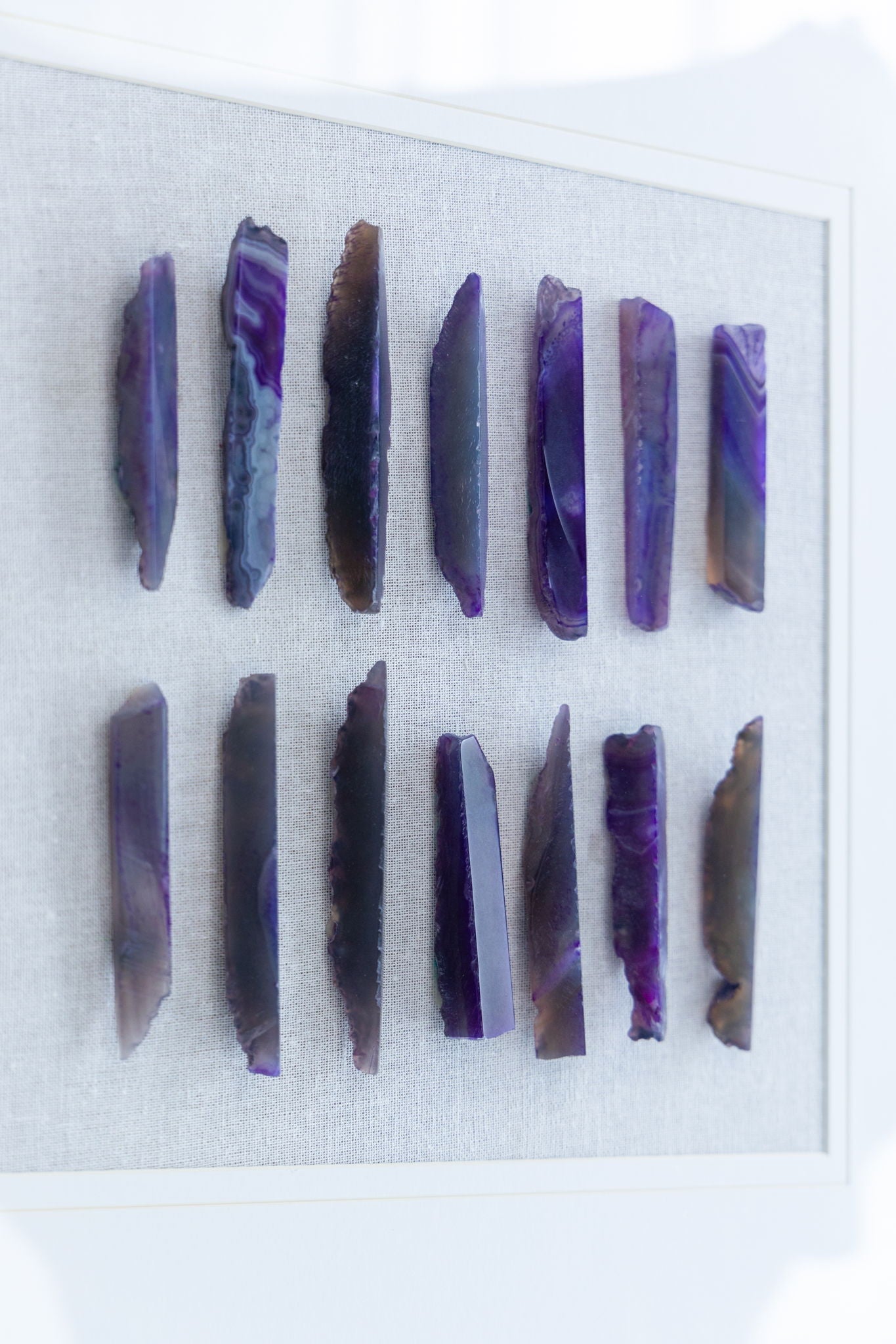 Grace Purple Agate Shadow Boxes Wall Art set of 2 with purple agate slices on linen backdrop on Tampa Home & Garden Store