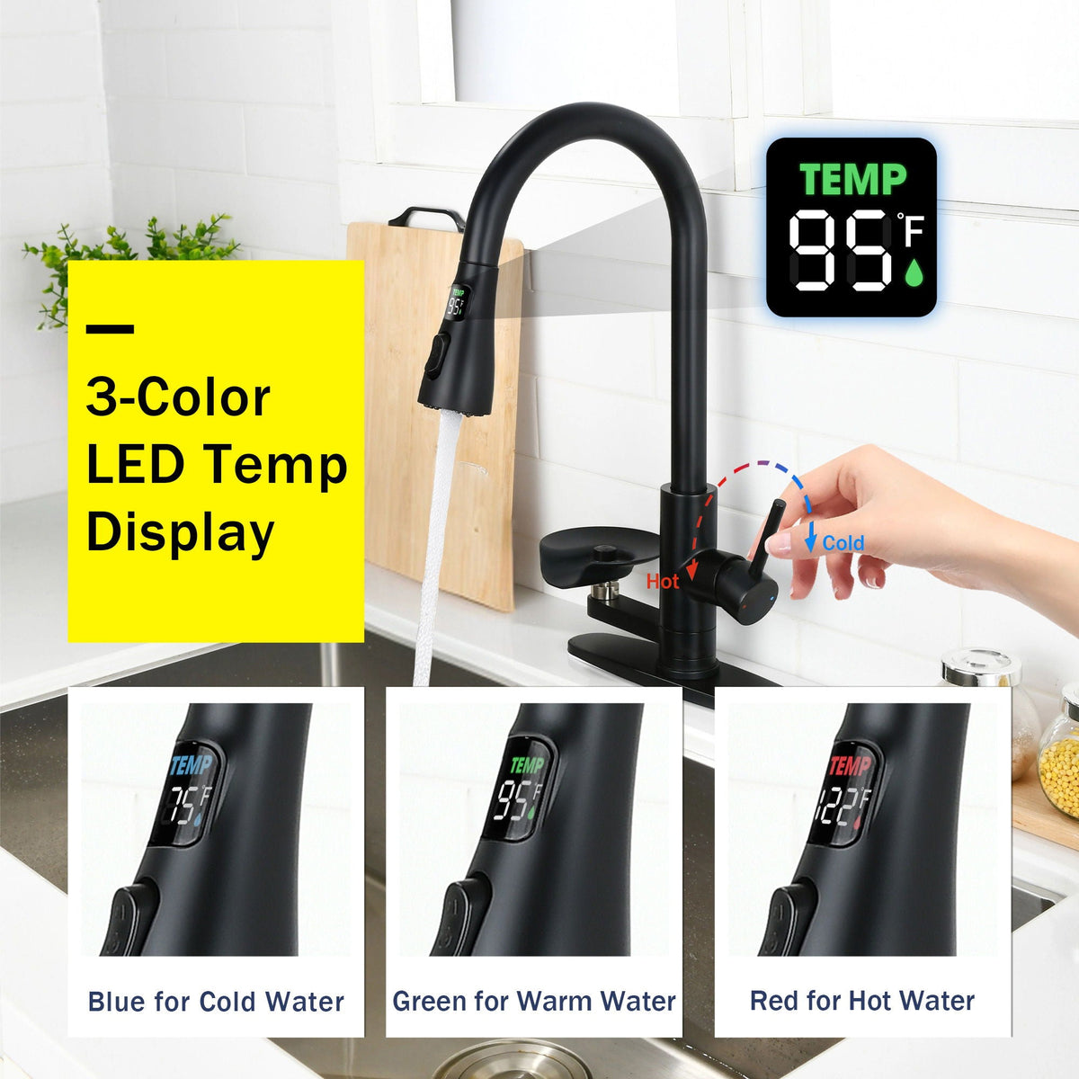 3-in-1 Kitchen Faucet with LED temp display, black finish; blue cold, green warm, red hot on Tampa Home & Garden Store