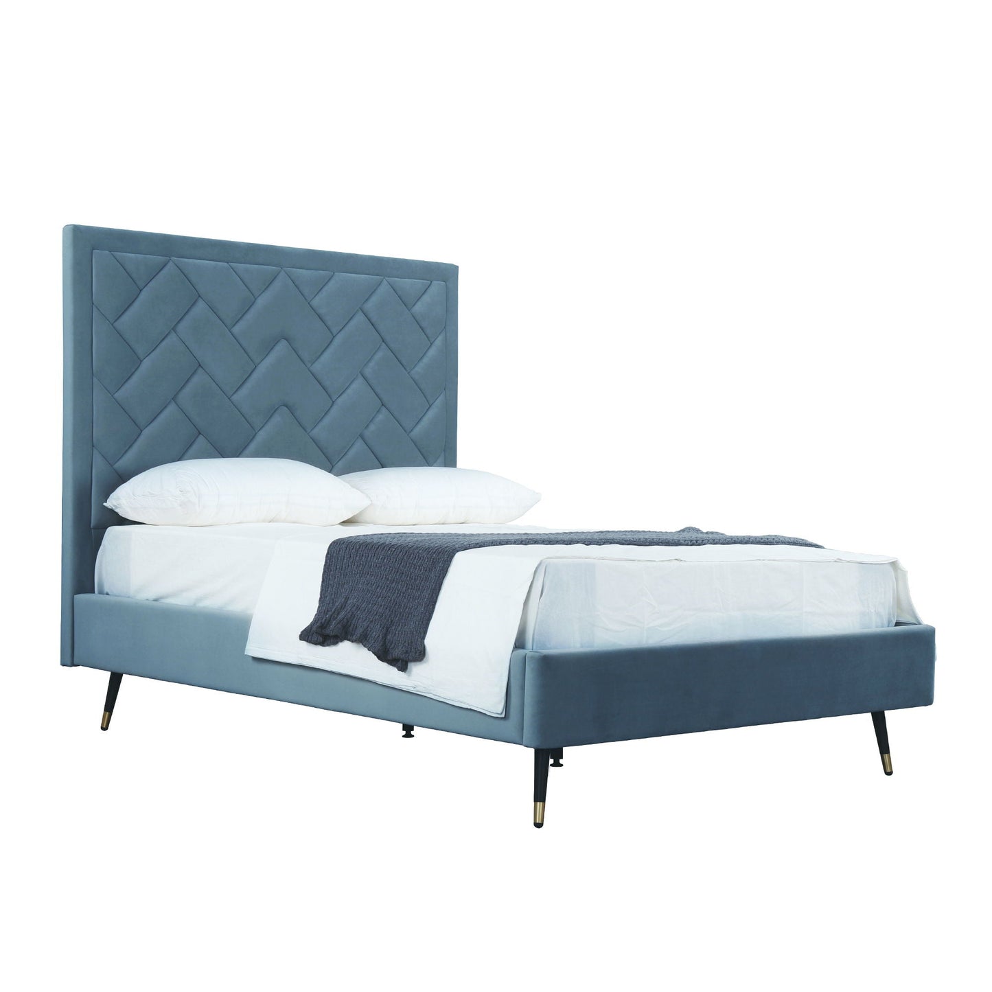 Crosby blue upholstered bed with quilted headboard and white bedding on Tampa Home & Garden Store