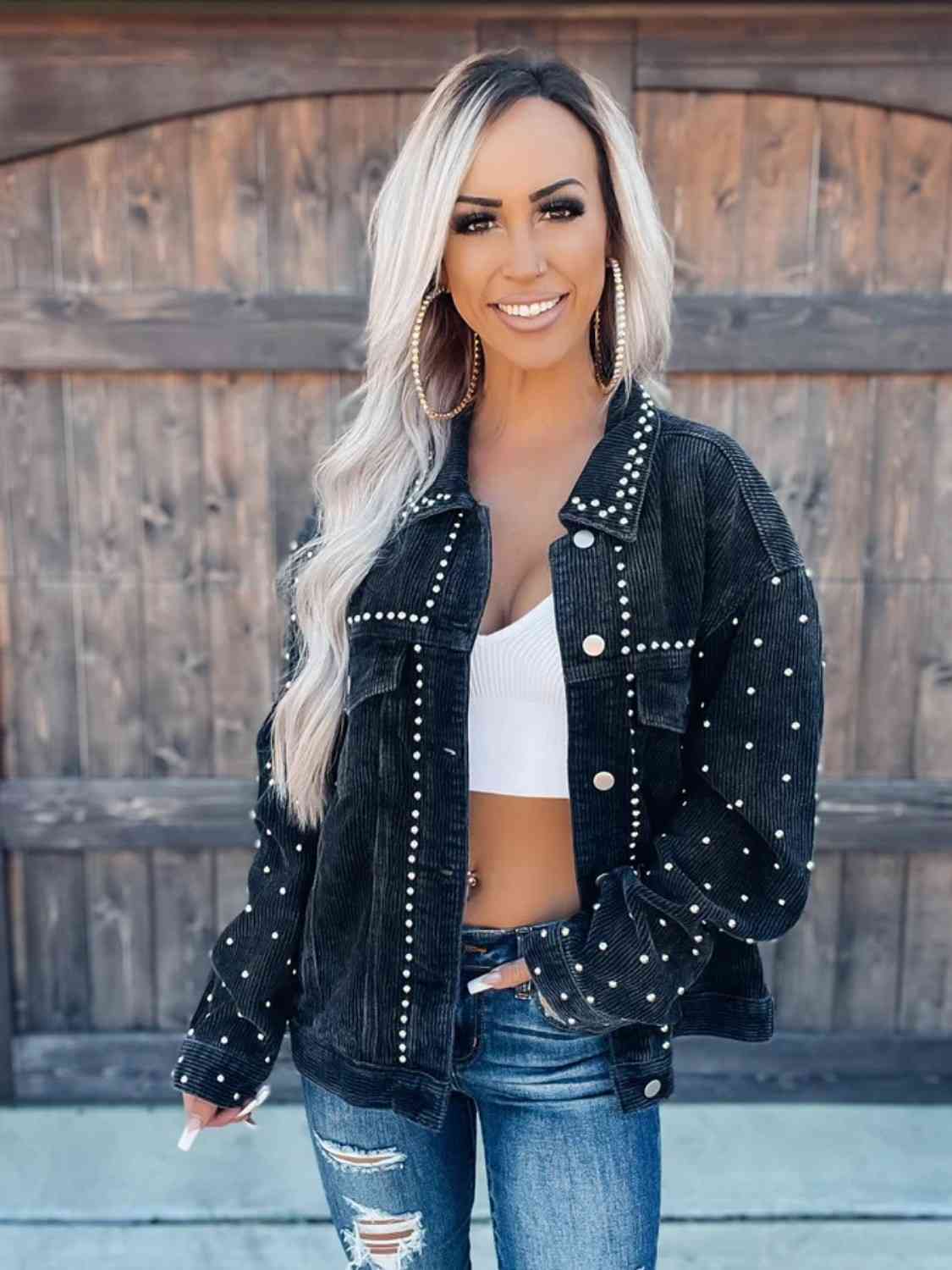 Stevvex women's collared studded denim jacket, black, button-down front on Tampa Home & Garden Store