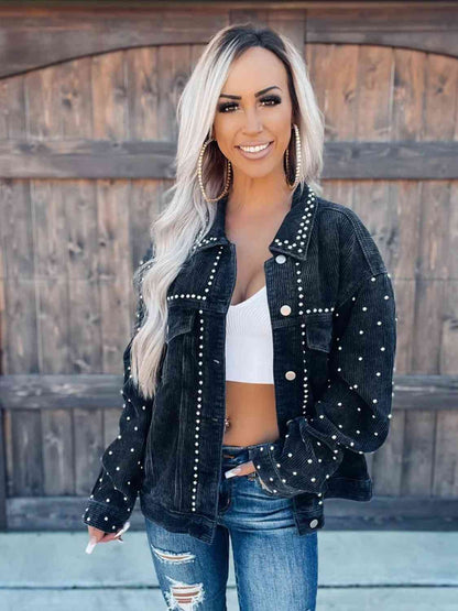 Stevvex women's collared studded denim jacket, black, button-down front on Tampa Home & Garden Store