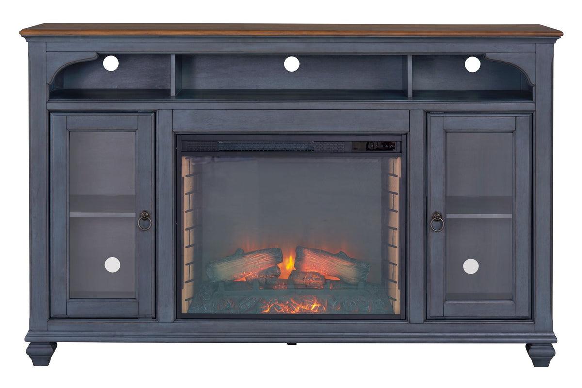 Fireplace TV Stand HouseOfZazla blue for TVs up to 80 inches with electric fireplace wood top on Tampa Home & Garden Store