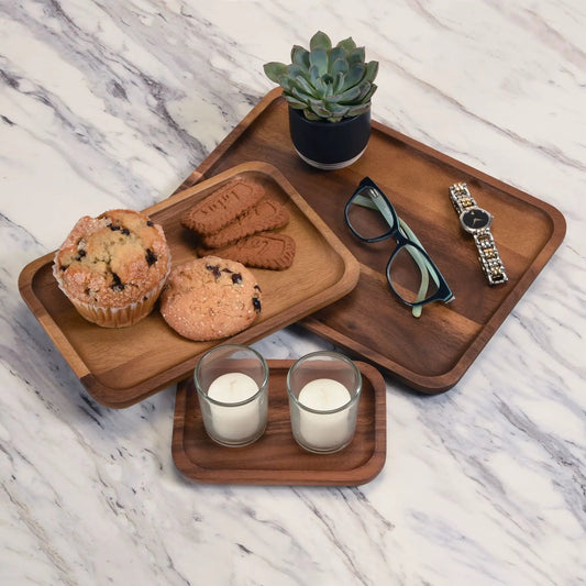 Acacia wood plates set of 3 for serving on a wooden tray with cookies on Tampa Home & Garden Store