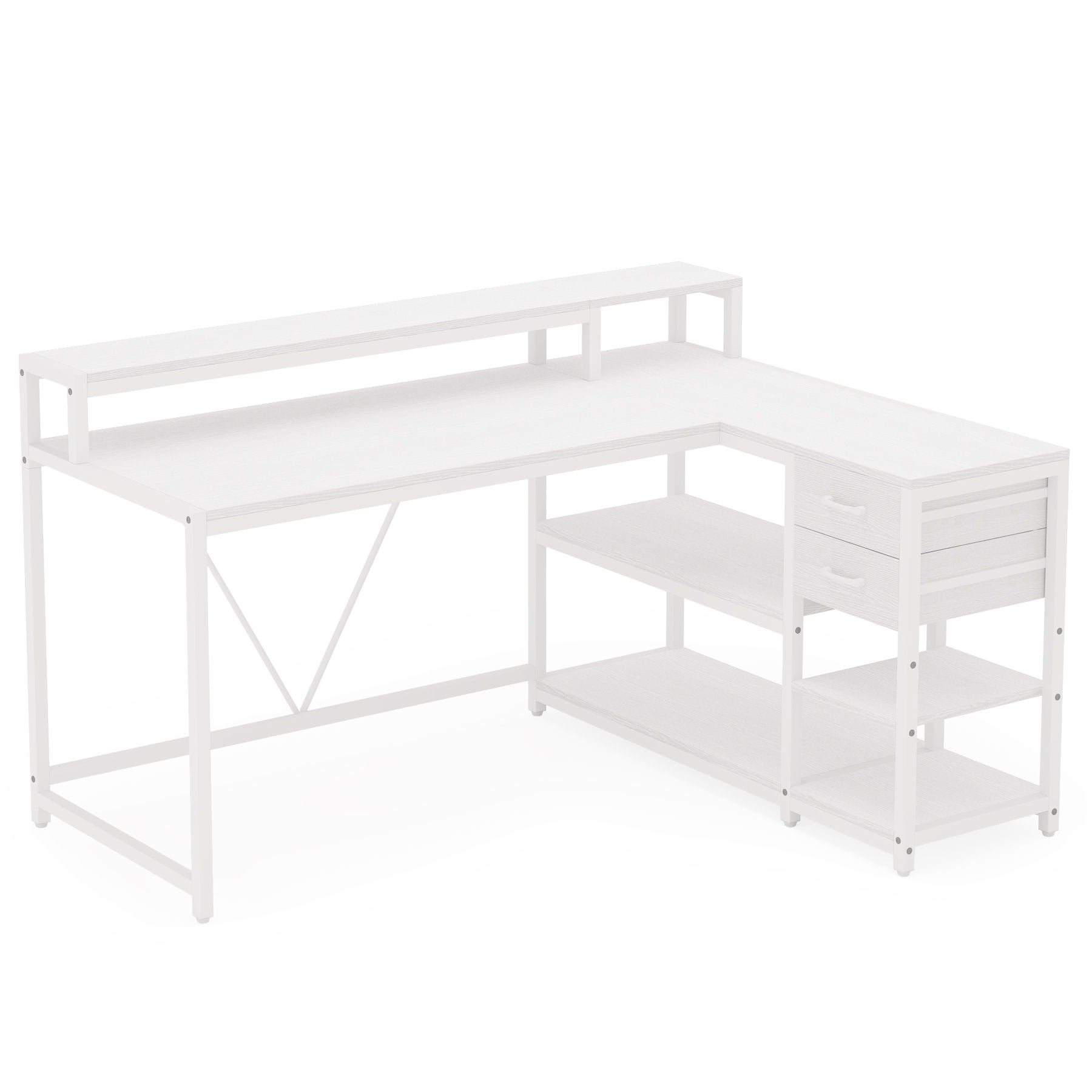 White L-shaped home office desk with monitor riser, drawers, and storage shelves on Tampa Home & Garden Store
