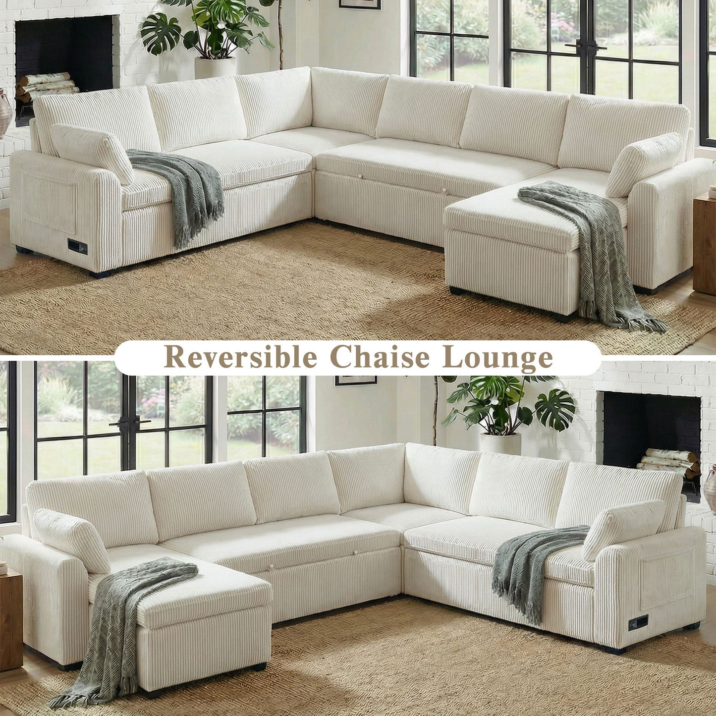 U-Shaped Sectional Sofa Bed by HouseOfZazla with Reversible Chaise in cream corduroy on Tampa Home & Garden Store