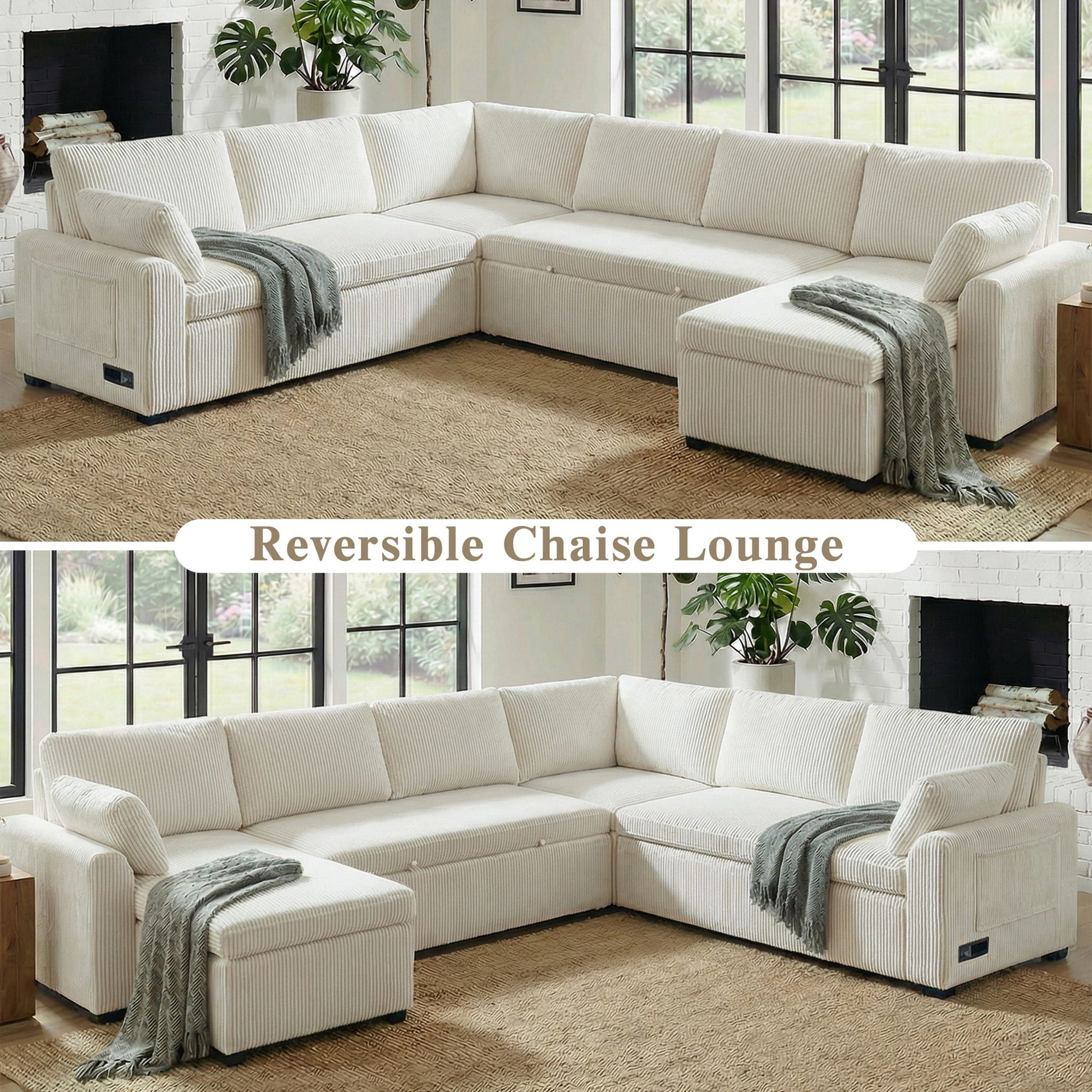 U-Shaped Sectional Sofa Bed by HouseOfZazla with Reversible Chaise in cream corduroy on Tampa Home & Garden Store