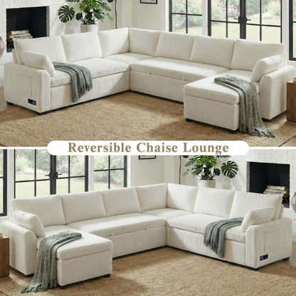 U-Shaped Sectional Sofa Bed by HouseOfZazla with Reversible Chaise in cream corduroy on Tampa Home & Garden Store
