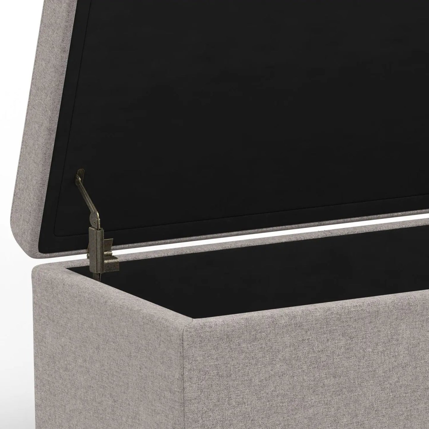 Avalon storage ottoman bench in gray fabric with open lid and interior storage on Tampa Home & Garden Store