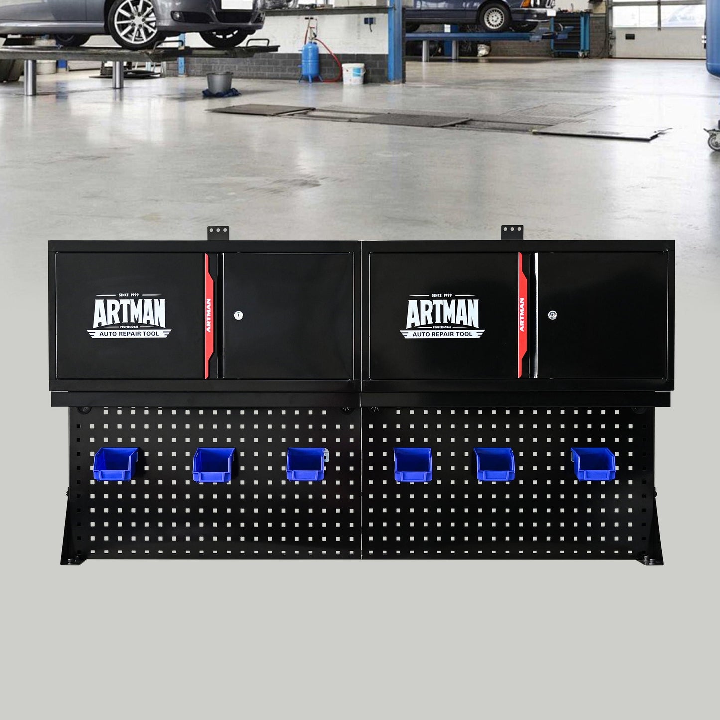 Wall mounted double door cabinet with tool rack and hooks, black ARTMAN unit with blue bins on Tampa Home & Garden Store