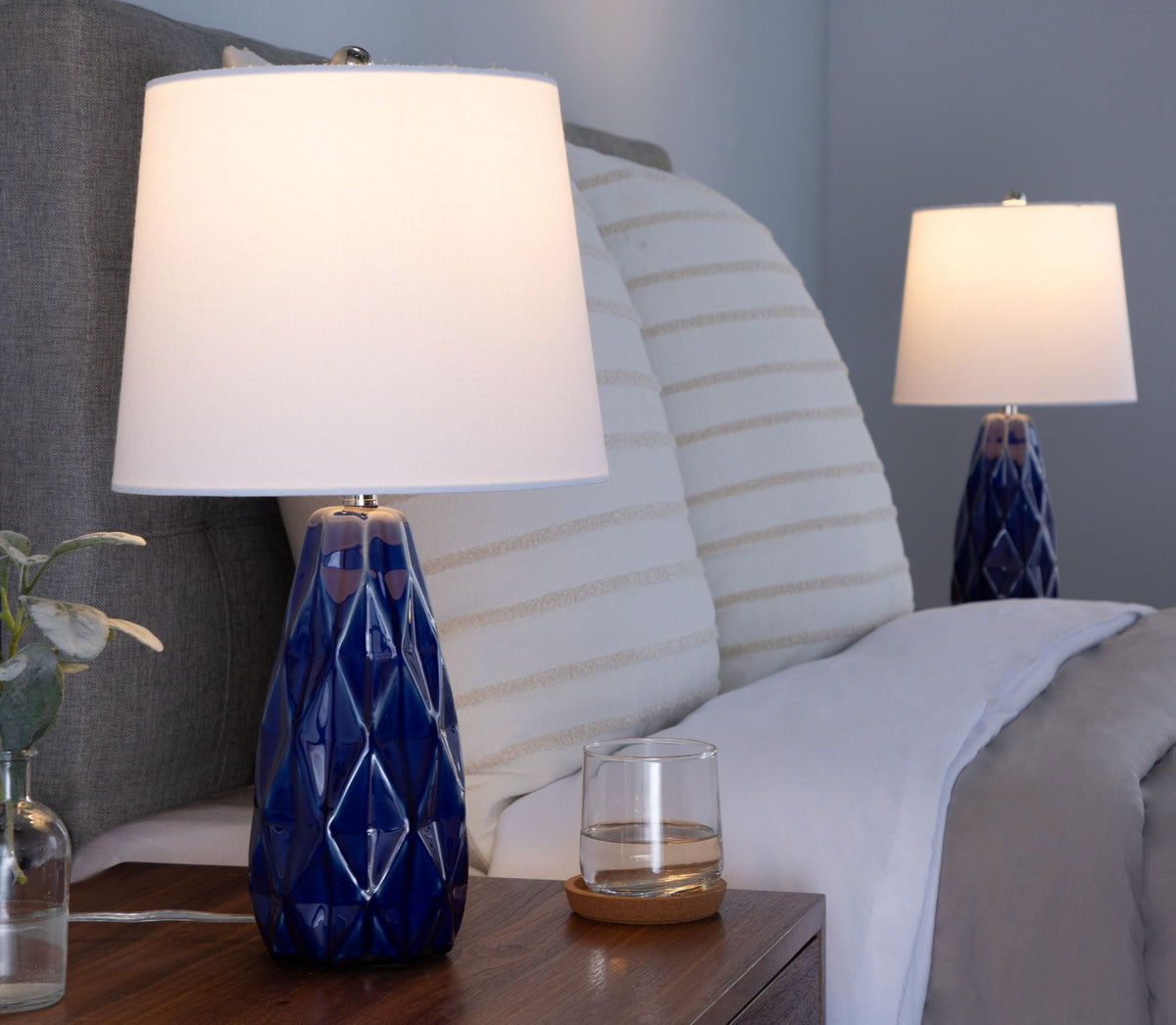 Hex Contemporary Lamp set of 2 by HouseOfZazla blue faceted glass bases with white shades on Tampa Home & Garden Store