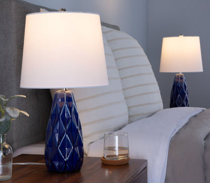 Hex Contemporary Lamp set of 2 by HouseOfZazla blue faceted glass bases with white shades on Tampa Home & Garden Store