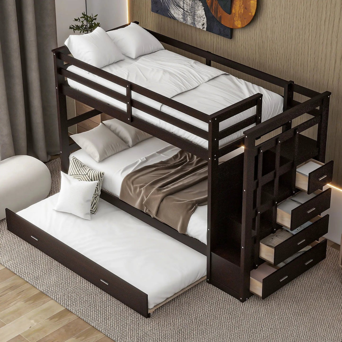 Bunk Bed With Trundle and Staircase Space Saving