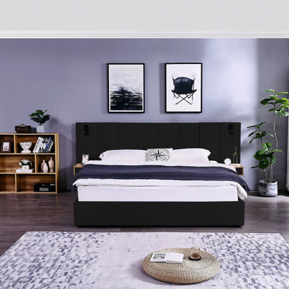 Upholstered hydraulic platform bed with black fabric headboard and built-in storage shelves on Tampa Home & Garden Store