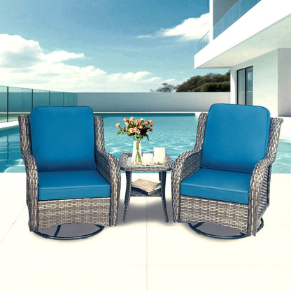 Wicker patio furniture set with blue cushions: HouseOfZazla 2 outdoor swivel chairs and table on Tampa Home & Garden Store