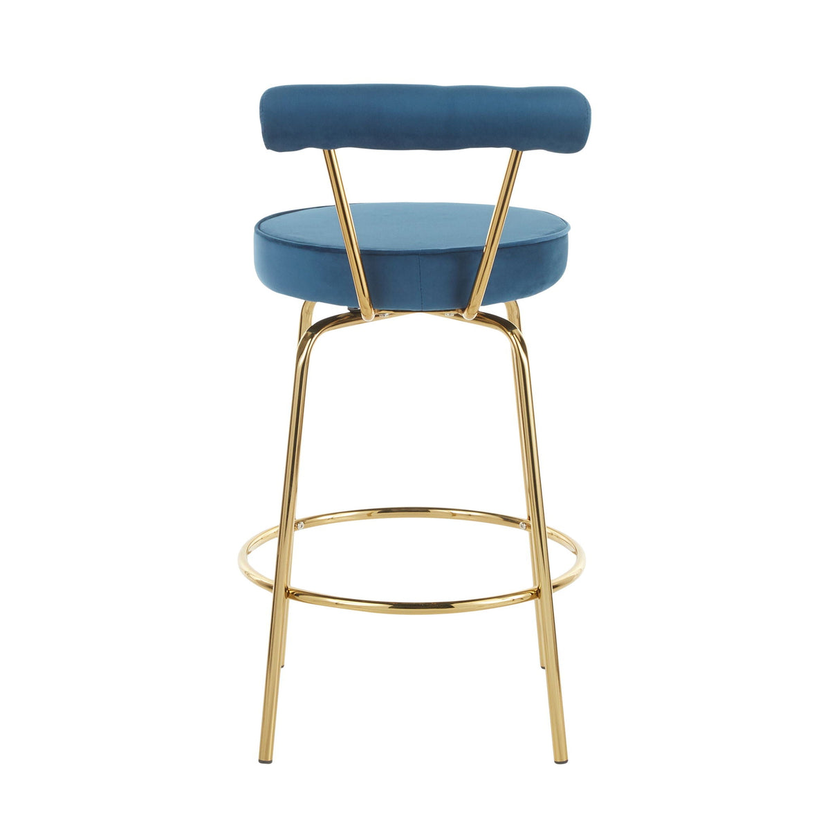 Blue upholstered Glam Counter Stool with swivel seat and gold metal legs on Tampa Home & Garden Store