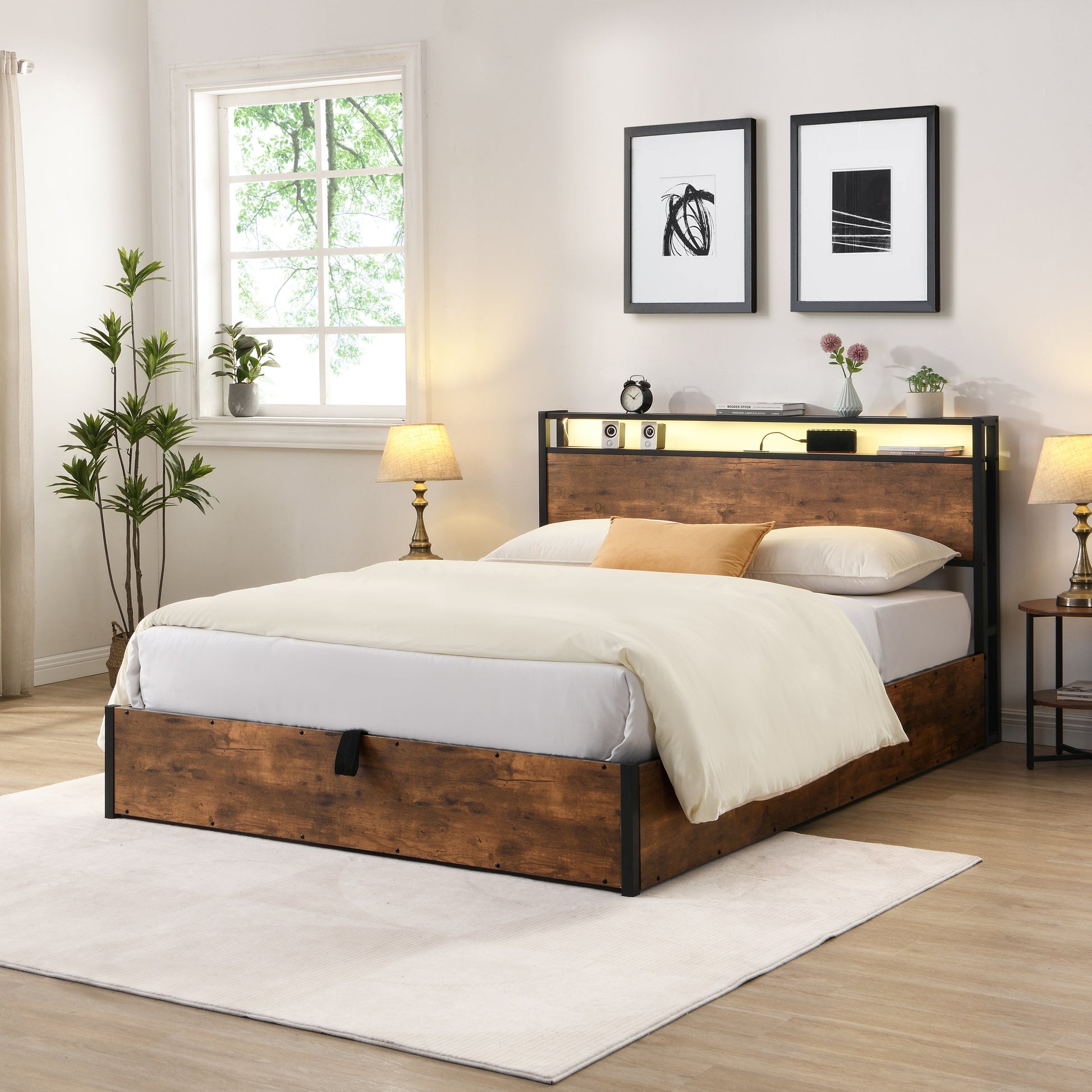 Elevating storage bed frame, full-size bed frame with bookshelf headboard and LED lights, with country brown color - Tampa Home & Garden Store