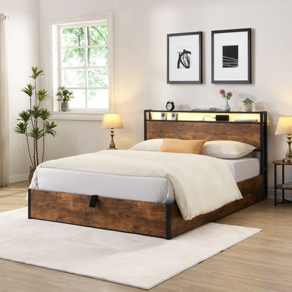 Elevating storage bed frame, full-size bed frame with bookshelf headboard and LED lights, with country brown color - Tampa Home & Garden Store