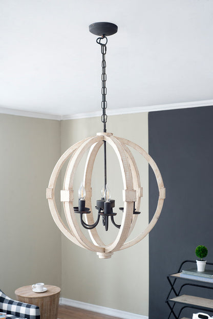Chandelier hanging light with adjustable chain, wooden globe frame and black metal candleholders on Tampa Home & Garden Store