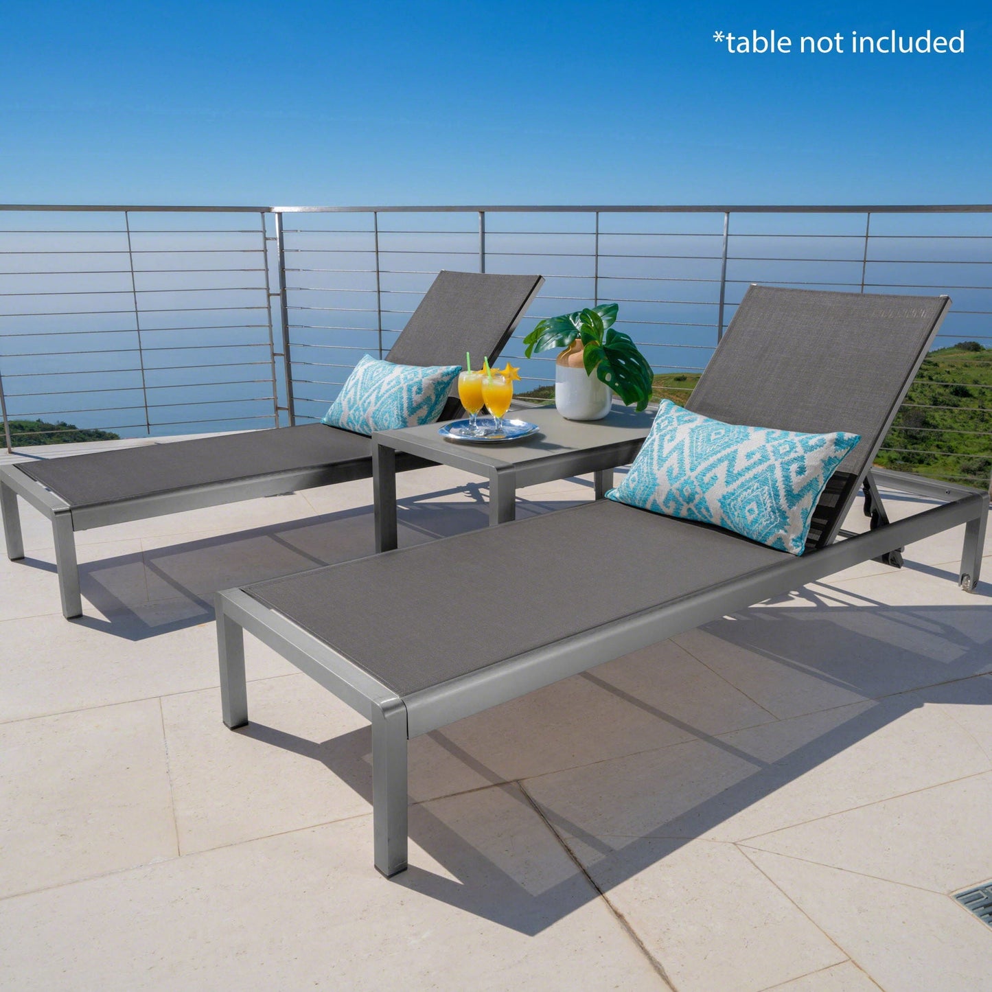 Outdoor Patio Chaise Lounge with 5-Position Recline, 2 gray metal chairs with cushions on Tampa Home & Garden Store