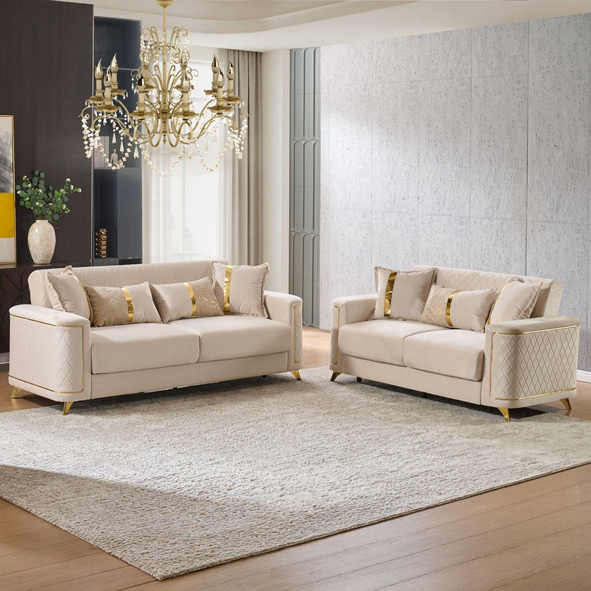 Two-piece beige upholstered living room set with gold-tone legs, sofa and loveseat on Tampa Home & Garden Store