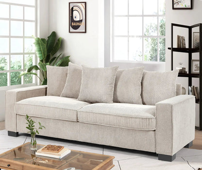 3-seater Luxe sofa with 5 matching toss pillows in beige stripes by Unique Piece Furniture on Tampa Home & Garden Store