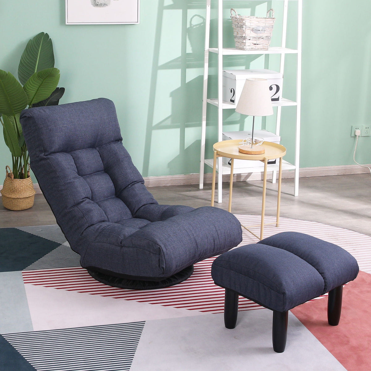 Adjustable Japanese reclining floor chair with dark blue fabric and metal frame by HouseOfZazla on Tampa Home & Garden Store