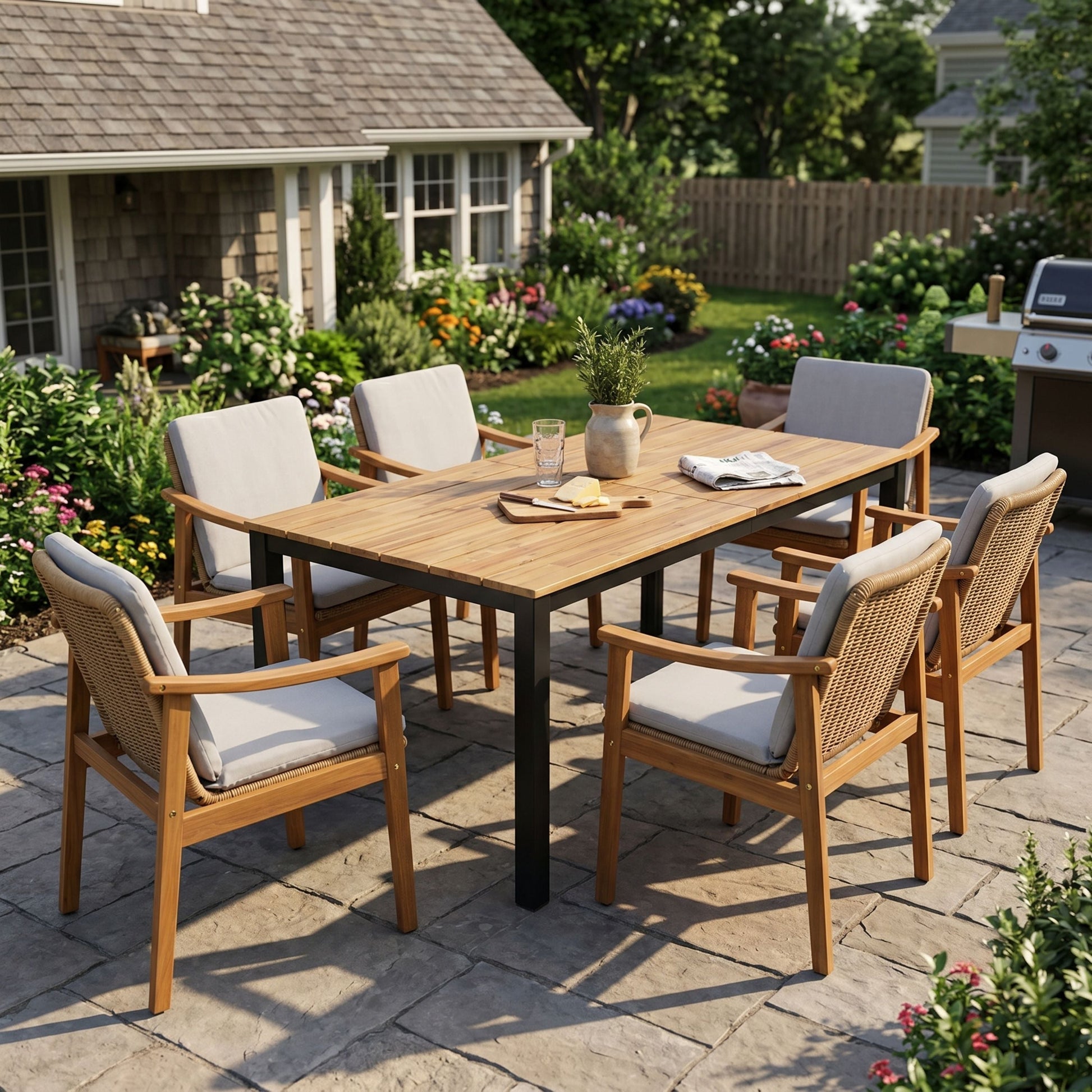 7-Piece Outdoor Patio Dining Set with natural wood table and beige-cushion wicker chairs, HouseOfZazla on Tampa Home & Garden Store