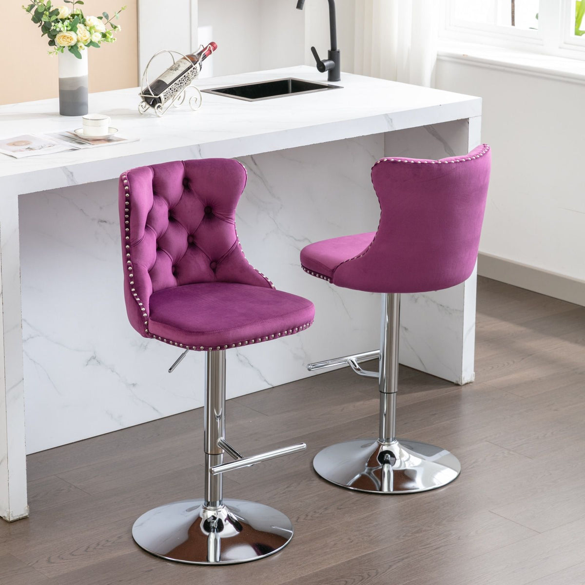Swivel adjustable-height purple velvet bar stools set of 2 with chrome bases on Tampa Home & Garden Store