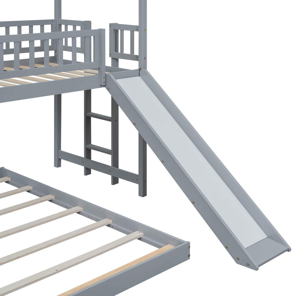 House Bunk Bed With Slide And Built In Ladder gray finish with built-in ladder and attached slide on Tampa Home & Garden Store