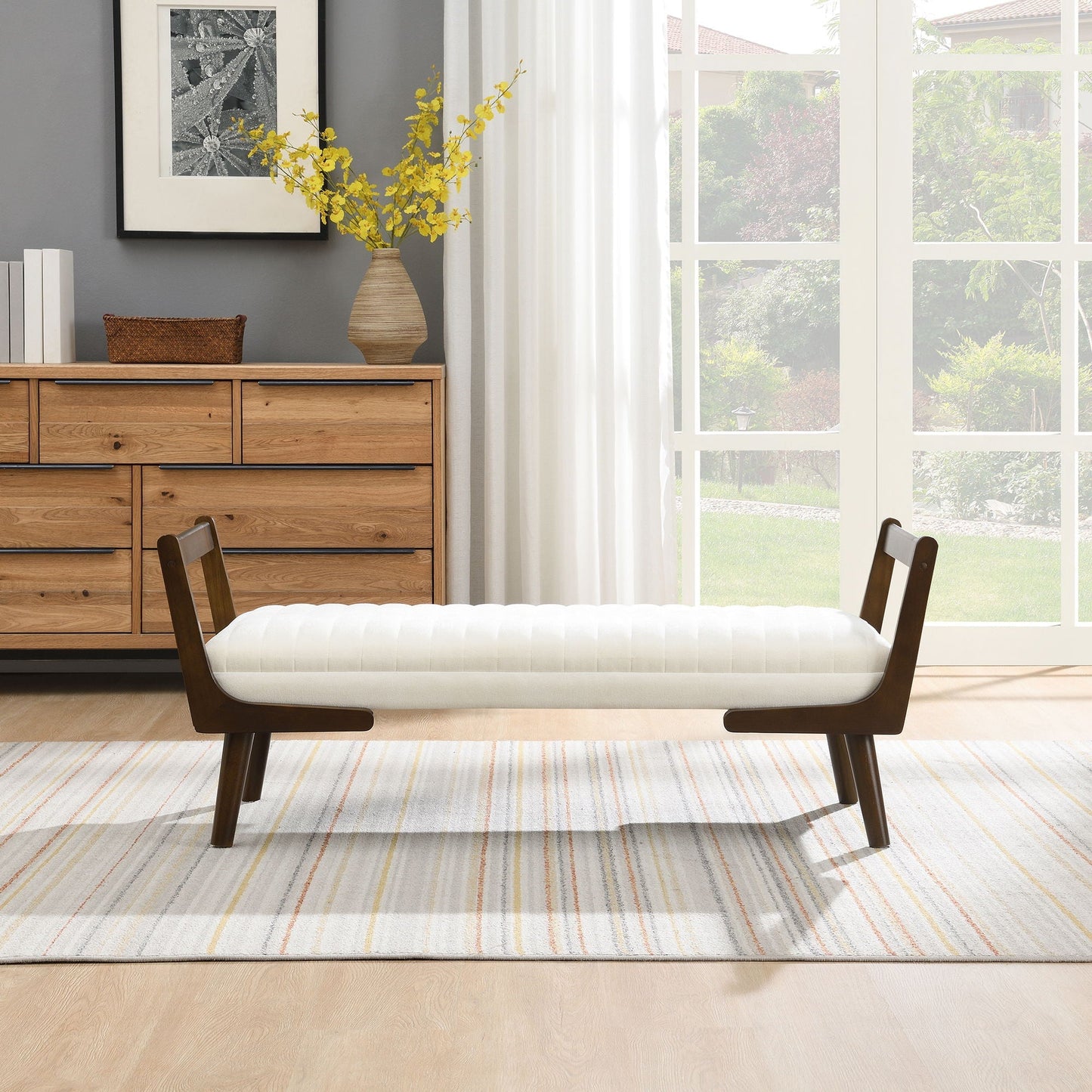 Mid-Century Upholstered Bench with dark wood legs in cream fabric by HouseOfZazla on Tampa Home & Garden Store